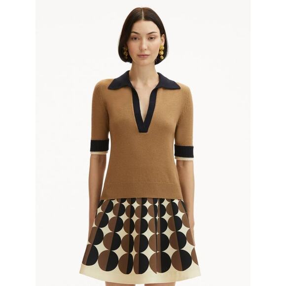 OSCAR DE LA RENTA Short Sleeve Color Block Pullover Top in Walnut Navy XS - Picture 1 of 5